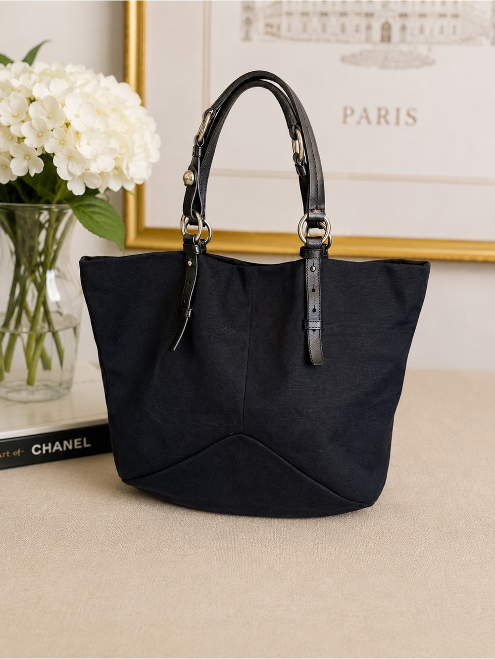 Saint Laurent Black Canvas Tote with Leather Handles